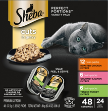 Load image into Gallery viewer, Sheba Perfect Portions Grain-Free Multipack Roasted Chicken, Gourmet Salmon &amp; Tender Turkey Cuts in Gravy Cat Food Trays, 2.6-oz, case of 24 twin-packs
