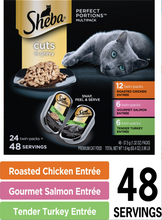 Load image into Gallery viewer, Sheba Perfect Portions Grain-Free Multipack Roasted Chicken, Gourmet Salmon &amp; Tender Turkey Cuts in Gravy Cat Food Trays, 2.6-oz, case of 24 twin-packs
